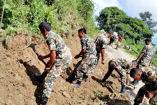 Nepali Army personnel constructing 4-km Ranibas-Homtang road section in Bhojpur district, on Wednesday, August 10, 2016. Photo: Niroj Koirala